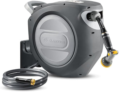 GLAHODEN Retractable Garden Hose Reel 1/2 in x 130 ft Upgraded UV Resistant Heavy Duty Automatic Hose Reel Wall Mount 3/4 in Brass Fitting 9 Pattern Nozzle Any Length Lock Slow Retraction
