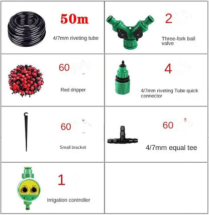 (50Meters+186pcs Set) Drip Irrigation Set DIY Garden Automatic Watering Watering Device Garden Greening Automatic Irrigation System (50M kit+Timer)