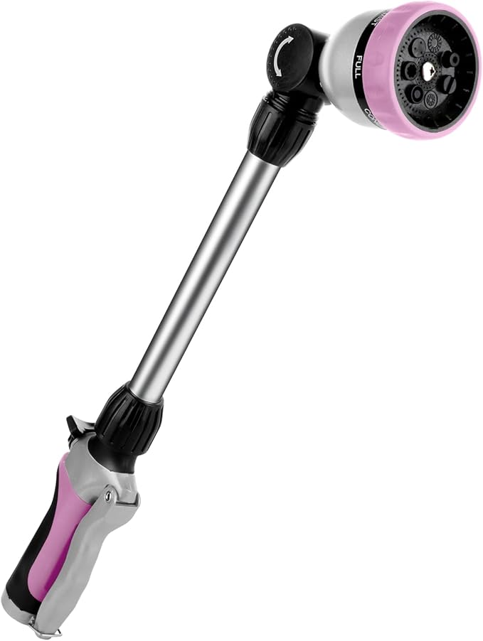 RESTMO Metal Watering Wand, Heavy Duty Garden Hose Wand with 180° Swivel Ratcheting Head, 16'' Hose Nozzle Sprayer with 7 Spray Patterns and Flow Control, for Water Hanging Baskets and Shrubs, Pink