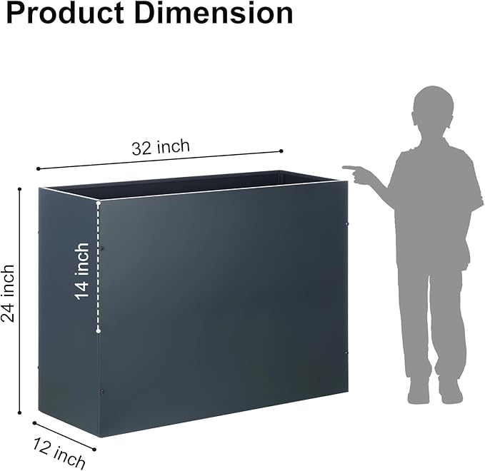 SUNNYPARK Large Metal Planter Box 32”x 12”x 24”, Rectangular Modern Grey Metal Planter Box Heavy Duty with Drainage Holes for Outdoor Garden Patio