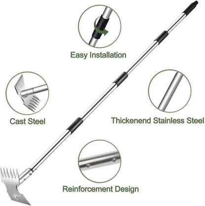 Weed Puller Tool with Long Handle, 60inch Manual Weeder Remover Tool, Stainless Steel 2 in 1 Hand Weed Rake for Gardening, Heavy Duty Uprooting Weeding Pull for Garden, Lawn,Yard, Patio