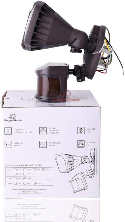 RuggedGrade 20W Turin II Series LED Security Light - LED Motion Sensor Flood Light - 2,400 Lumens - 240° Sensor - 3000K Warm White - Bronze Housing - Outdoor LED Light - DLC 5.1 Premium