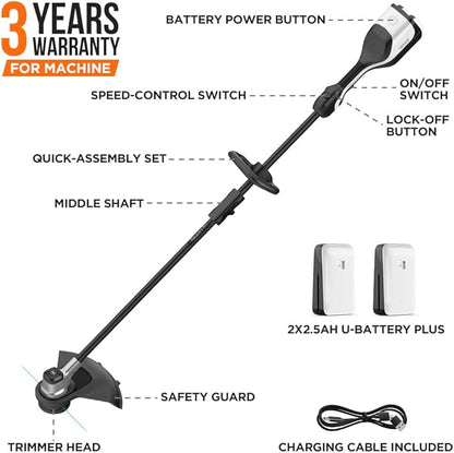 Litheli 2x20V Cordless String Trimmer, 14" Brushless Battery Powered Weed Eater, Electric Weed Wacker with Dual Line Bump Feed, Grass Trimmer for Lawn Care, U20 Series with 2x2.5Ah Batteries.
