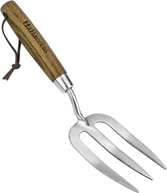 Garden Hand Fork, Hand Weeding Fork with Sharp Tine for Easy Uprooting Large Weeds, Stainless Steel Garden Fork, Comfortable Grip Wood Handle Hand Fork for Fast Weeding, Loosening Soil and Composting