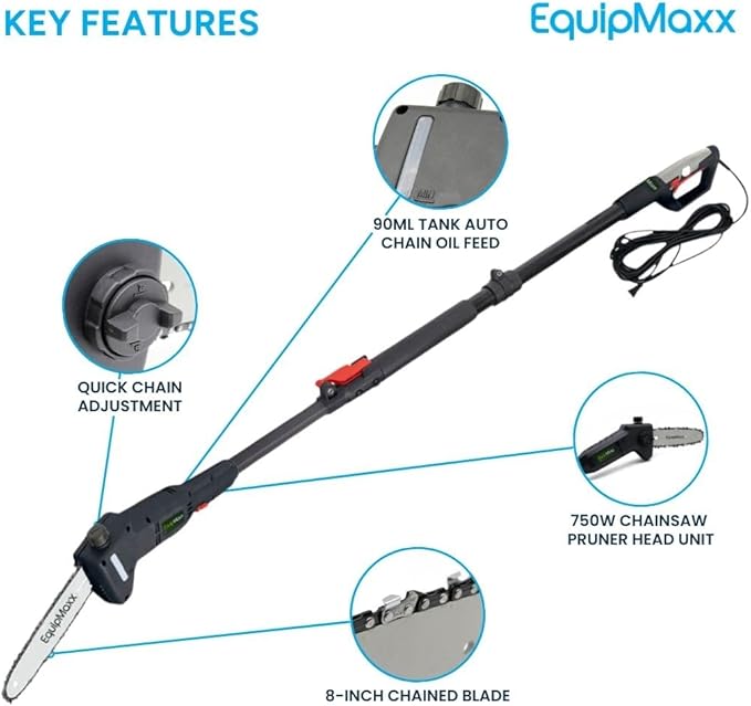 Long Reach 2 in 1 Electric (Corded) Pole Hedge Trimmer & Chainsaw, Telescopic Extension Pole Tool for Garden Pruning and Branch Cutting (Extends to 7 1/2 Feet)