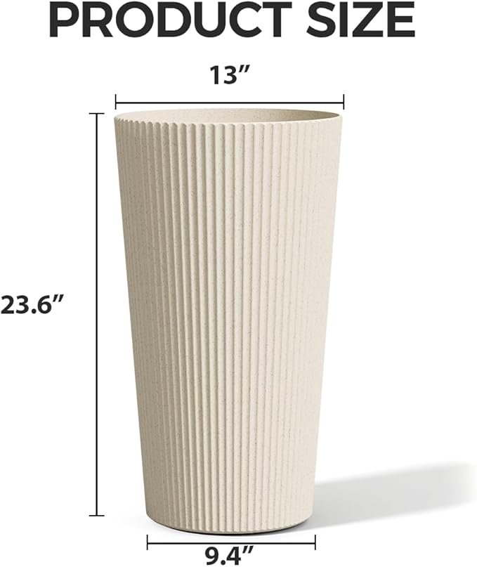 23.6" Tall Planters for Outdoor Plants,Large Outdoor Planters for Front Porch Decor with Drainage Hole, Flower Pots Fits Indoor Plants Patio/Garden, Plastic Striped Off-White (2 Pack)