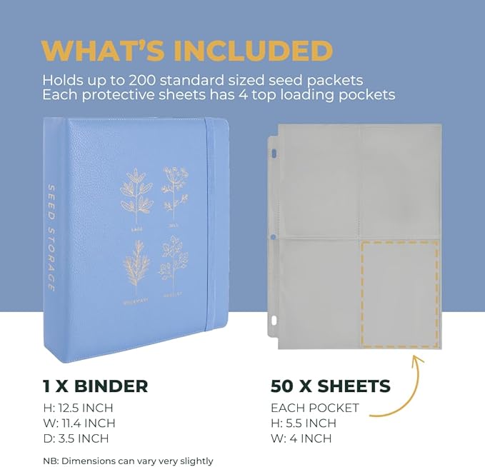 WILDGOOSE Seed Storage Organizer Binder - Seed Packet Organizer with 50 Pack Sheet Protectors That Stores 200 Seed Envelopes. (Blue)