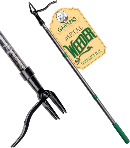 Grampa's Metal Weeder - Stand Up Weed Puller Tool with Steel Long Handle - Made with All Steel Handle & 4-Claw Steel Head - Easily Remove Weeds Without Bending, Pulling, or Kneeling (Green)