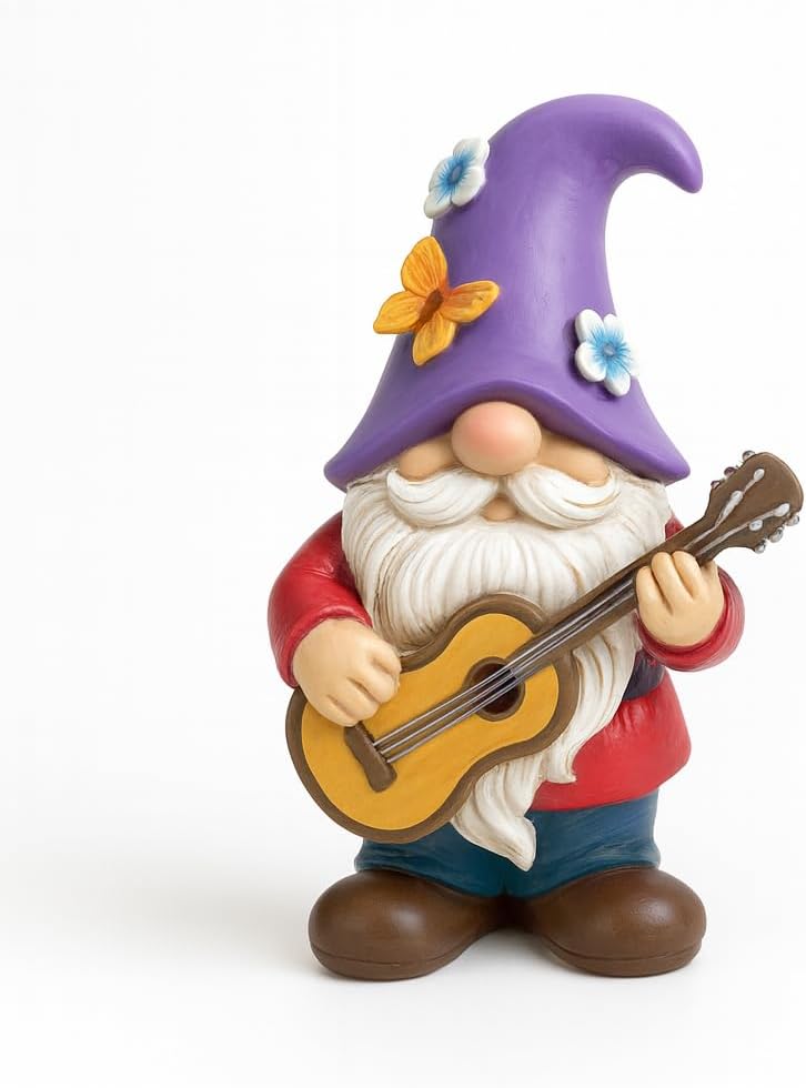Musical Gnome Figurine with Guitar – Handcrafted Resin Garden or Shelf Decoration, 6.2" Tall Whimsical Gnome Statue with Purple Hat, Flowers & Butterfly, Gift for Music Lovers (Purple)