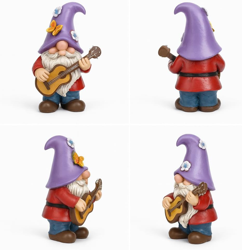 Musical Gnome Figurine with Guitar – Handcrafted Resin Garden or Shelf Decoration, 6.2" Tall Whimsical Gnome Statue with Purple Hat, Flowers & Butterfly, Gift for Music Lovers (Purple)