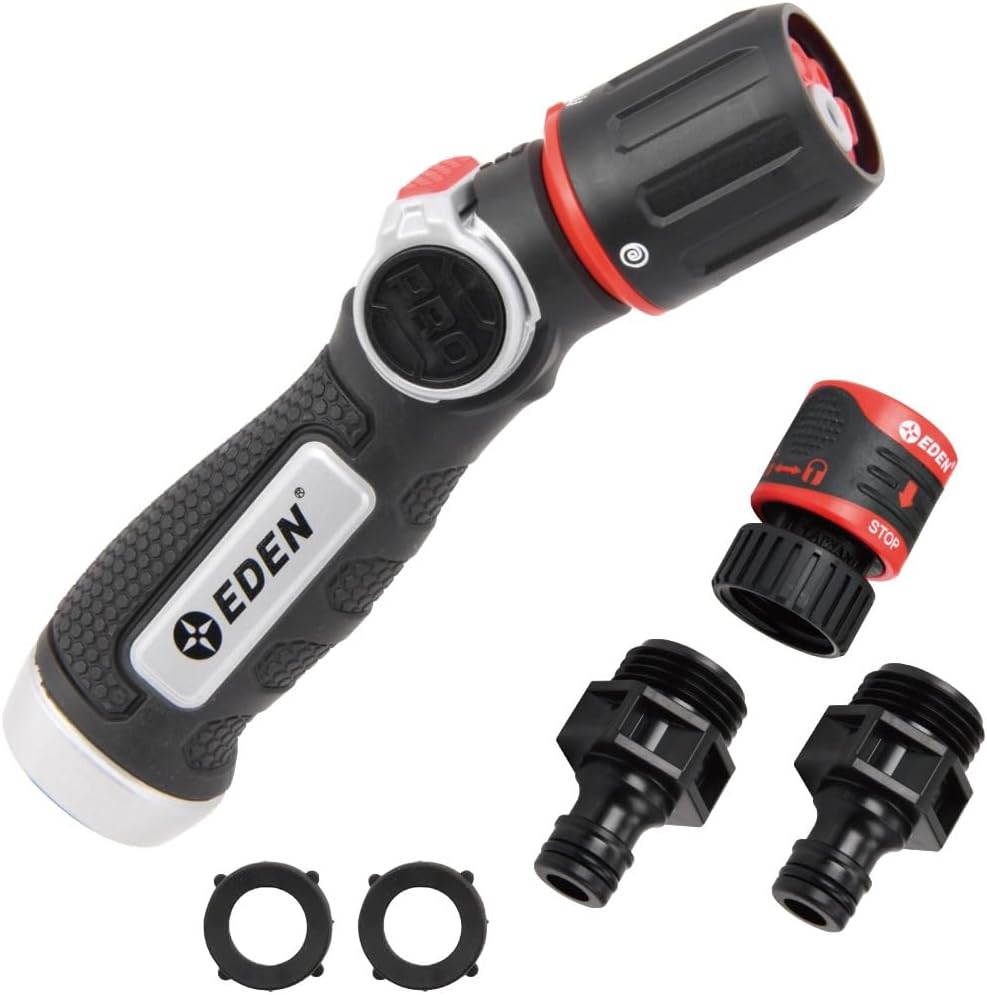 Eden 96845 Pro Metal Thumb-Control Straight 4-Pattern Turbo Nozzle W/Quick Connector Starter Set, High Pressure Garden Sprayer for Hose