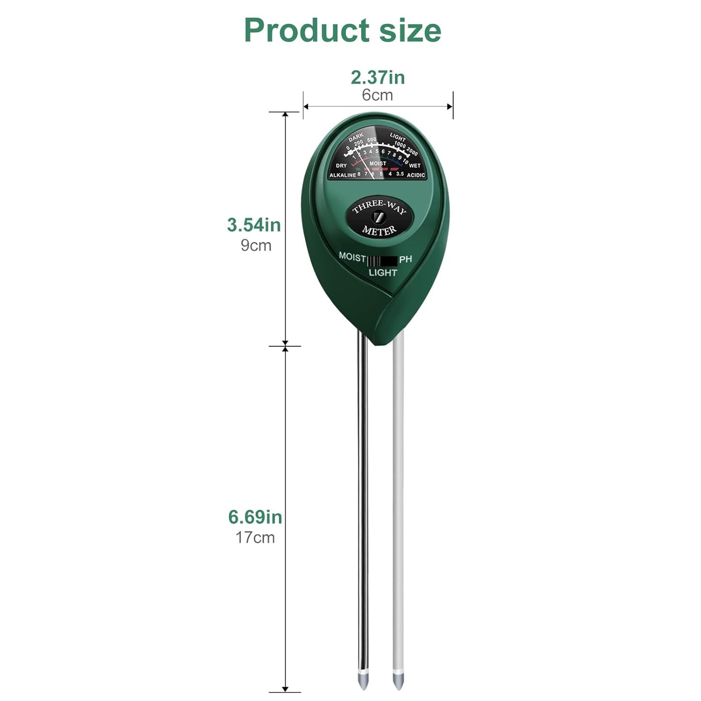 Soil Tester 3-in-1 – Soil Moisture Meter, Light Sensor & Soil pH Tester – No Battery Needed – Plant Moisture & Water Monitor for Garden, Lawn, Farm, Indoor/Outdoor – Promote Healthy Growth
