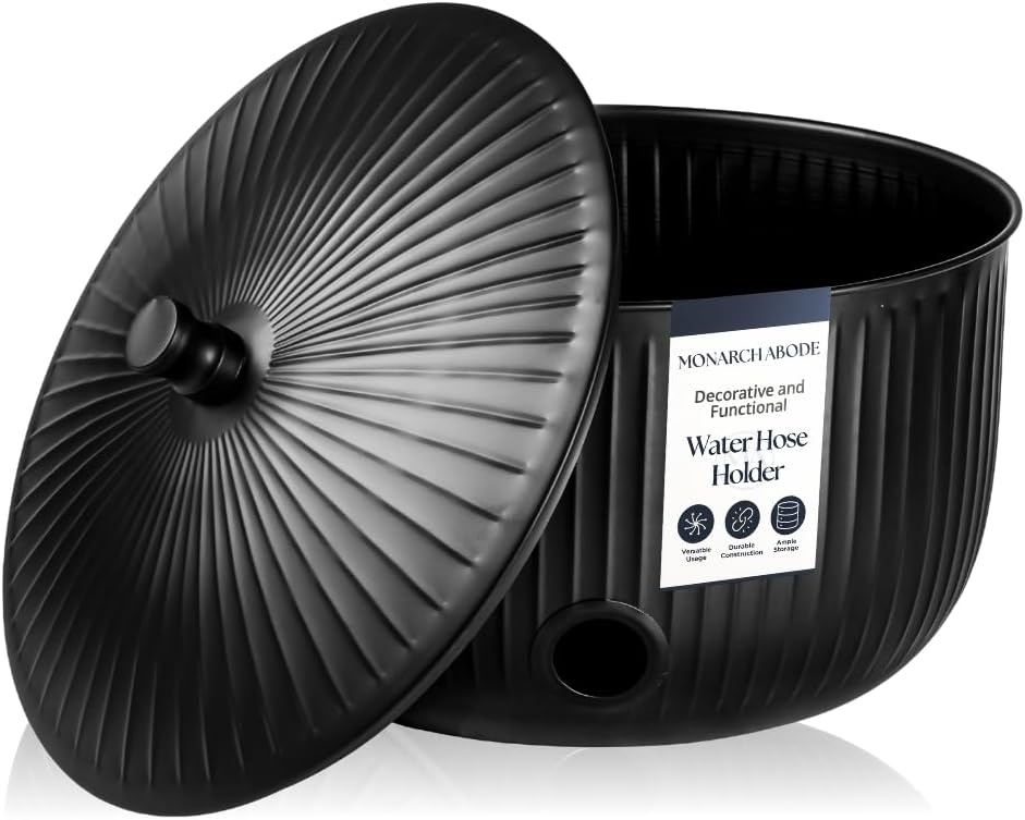 Monarch Abode Decorative Garden Hose Holder with Lid, Matte Black Storage for Outdoor Use, 100 ft Water Hose Pot for Outside, Ridge Embossed Metal Pot with Drainage, Garden Storage Organizer