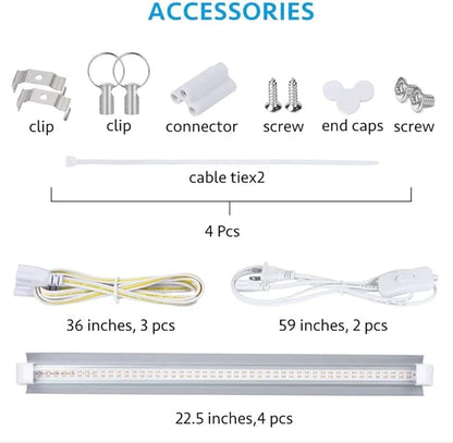 Grow Light, 2ft T8,100W(4 x 25W, 600W Equivalent), Super Bright, Full Spectrum Sunlight Plant Light, LED Grow Light Strips, Grow Lights for Indoor Plants,Greenhouse,4-Pack
