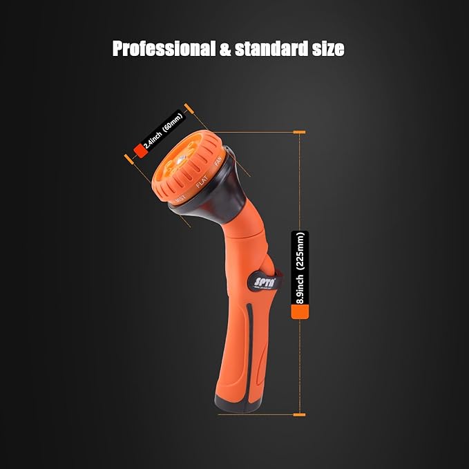 SPTA Hose Nozzle Heavy Duty, Metal Water Hose Sprayer for Garden, 8 Spray Patterns, High Pressure, Thumb Flow Control, On/Off Valve, Ideal for Outdoor Lawn & Plant Watering, Car & Pet Washing