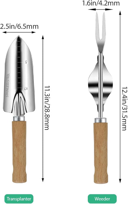 LeMotech Garden Tool Set, 2Pcs Gardening Hand Tools, Stainless Steel Transplant Shovel and Weeder with Handle, Outdoor Gardening Kit for Women Men