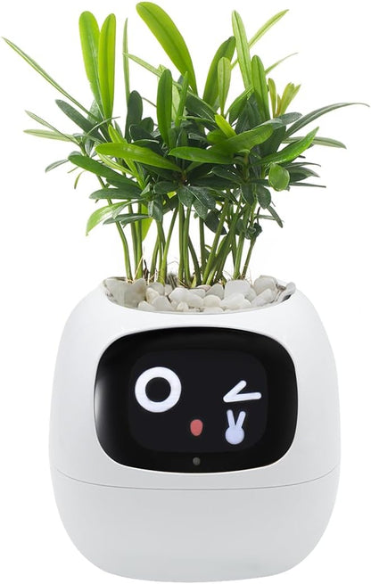 Smart Pet Planter, Smart Plant Pot, With Artificial Intelligence, Time Weather Display, And Multiple Expressions Animation,Lovely Plant Companion, For Desktop Decoration, Gifts,Plant-Free (White)