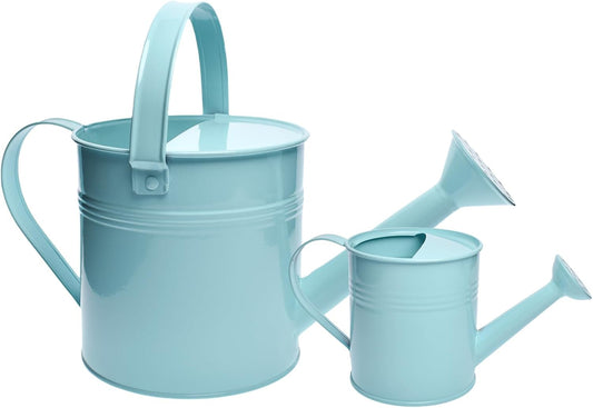 Small Metal Watering Can Set, Pink, 1.2L and 0.23L Garden Cans with Long Spout, Indoor Outdoor Plant Care (Green Blue)