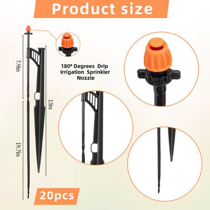 20 Sets 180 Degree Irrigation Sprinkler Heads with Stake Drip Micro Spray Emitters with 1/4" Irrigation Tubing on Riser Stake Micro Spray Sprinkler Stake Assembly for Garden Watering System