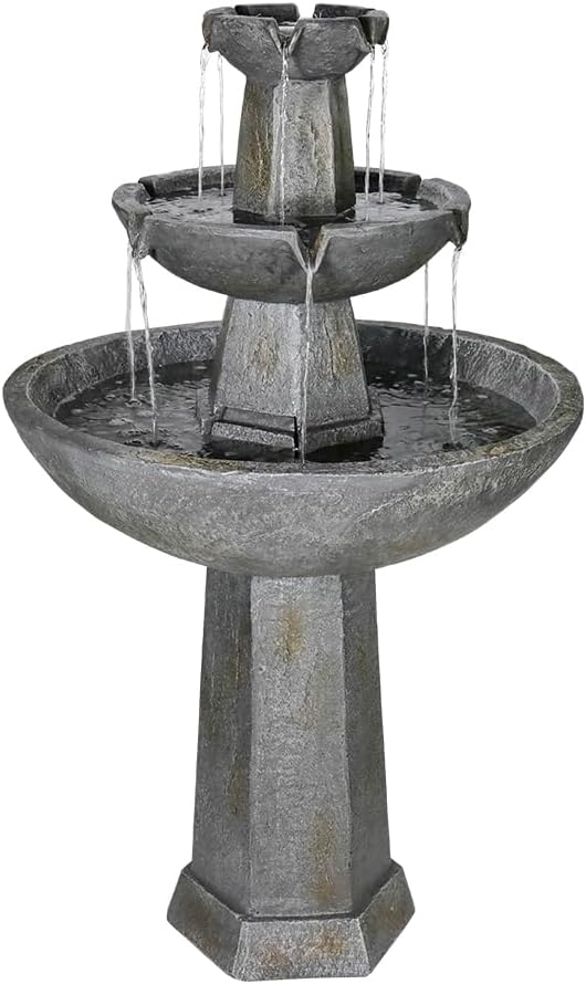 43.3” High Outdoor Water Fountain, 3-Tiers Concrete Outdoor Floor Waterfall Fountain with Pump & Splash Reduction Line for Yard Garden Patio Backyard Deck Relaxation Decor - Grey