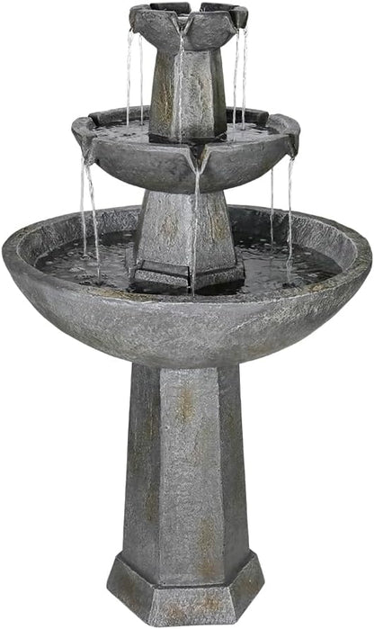 43.3” High Outdoor Water Fountain, 3-Tiers Concrete Outdoor Floor Waterfall Fountain with Pump & Splash Reduction Line for Yard Garden Patio Backyard Deck Relaxation Decor - Grey