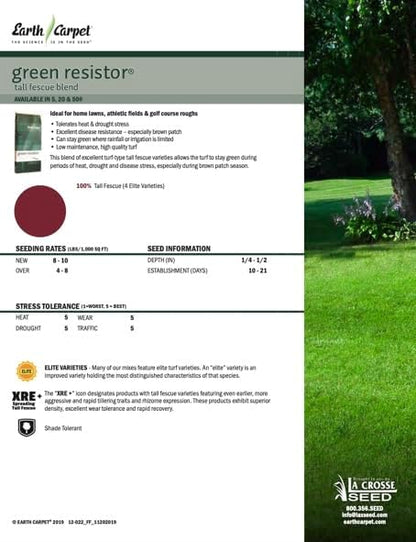 Lawn Green Resistor Turfgrass Mixture, Medum-Textured Turf, Drought and Disease Resistant, 5 lbs