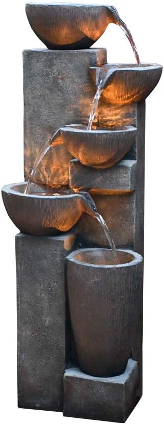 SunJet 5-Tier Outdoor Water Fountain Resin Fountain Decor with LED Lighting Natural Polyresin Looking Stone Decor for Garden Patio Fold Court Yard Deck 12.99" L x 13.78" W x 39.76" H