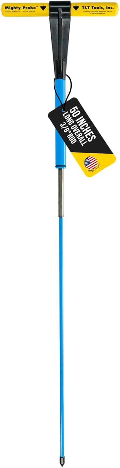 T&T Tools Mighty Probe with Slide Adapter – Insulated Metal Soil Probe, Ground Probe Rod with T-Handle, Septic Tank Locator Soil Sampling & Compaction Tester - 50 Inch Length, 3/8" Round Rod