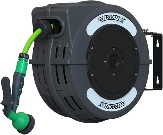 Macnaught C1 Series Retractable Garden Hose Reel, 40 Ft Water Hose Reel Heavy Duty Retractable Hose with Metal 180° Swivel Rotation Bracket for Wall Mount - Gray