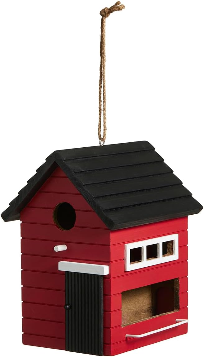 Glitzhome Hanging Bird House for Outside,10.25" H Modern Hand Painted Wooden Bird Houses for Outdoors, Functional and Decorative Bluebird Birdhouses Outdoor Garden Birdhouse, Red
