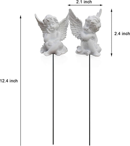 OwMell Set of 2 Decorative Garden Stakes - Small Angel & Cherub Angel Ornaments, Memorial Statue & Flower Pot Decorations