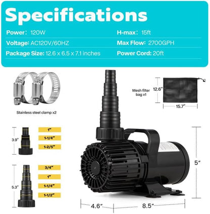 VIVOHOME 120W 2700GPH Submersible Water Pump with 180° Seamless Adjustable Nozzle and Barrier Bag for Koi Pond Waterfall Fountains Fish Tank