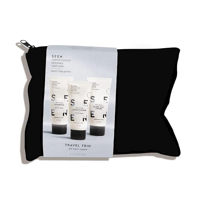 SEEN Travel Trio, Fragrance Free - Non-Comedogenic & Blow-Out Hair Cream, Shampoo & Conditioner Set- Reduces Frizz- Heat Protectant- Safe for Sensitive & Eczema Prone Skin