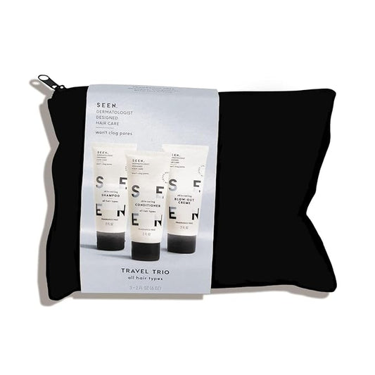 SEEN Travel Trio, Fragrance Free - Non-Comedogenic & Blow-Out Hair Cream, Shampoo & Conditioner Set- Reduces Frizz- Heat Protectant- Safe for Sensitive & Eczema Prone Skin