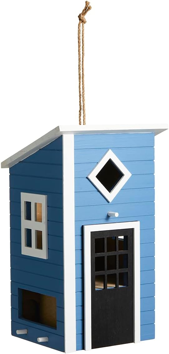 Glitzhome Bird Houses for Outside, Bluebird House Modern Hand Painted Hanging Bird House, 14" H Solid Wood Cottage Decorative Garden Birdhouse for Hummingbird, Chickadee, Wren Finch(Bule)