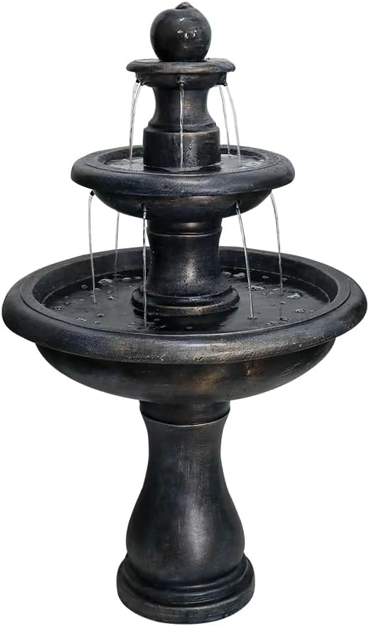 SunJet 45.2" High 3-Tiers Modern Concrete Outdoor Water Fountain - Round Large Outdoor Fountains and Waterfalls for Garden, Patio, Yard, and Deck Decor, Featuring Natural Stone Look (Black, 45.2inch)