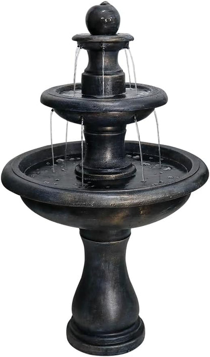 SunJet 45.2" High 3-Tiers Modern Concrete Outdoor Water Fountain - Round Large Outdoor Fountains and Waterfalls for Garden, Patio, Yard, and Deck Decor, Featuring Natural Stone Look (Black, 45.2inch)