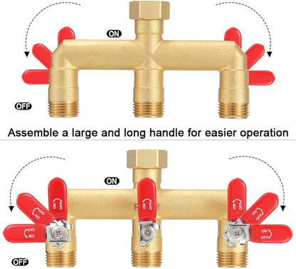 EBH Garden Hose Splitter, 3-Way High Flow Heavy Duty Brass Outdoor Hose Manifold with Long Handles Full Flow Faucet Adapter- 3/4” GHT(RED)