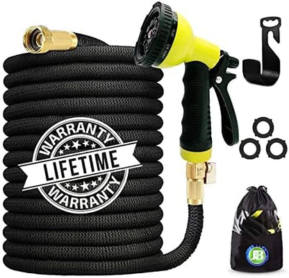 J&B XpandaHose 75ft Expandable Garden Hose with Holder - Heavy Duty Superior Strength 3750D - 4 -Layer Latex Core - Extra Strong Brass Connectors and 10 Spray Nozzle w/Storage Bag (Black 75)