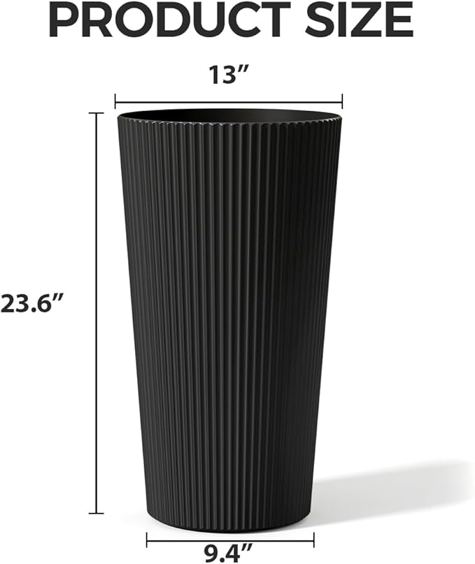 23.6" Tall Planters for Outdoor Plants,Large Outdoor Planters for Front Porch Decor with Drainage Hole, Flower Pots Fits Indoor Plants Patio/Garden, Plastic Striped Black (2 Pack)