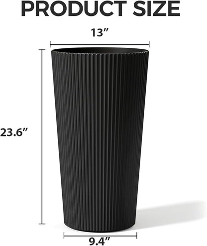 23.6" Tall Planters for Outdoor Plants,Large Outdoor Planters for Front Porch Decor with Drainage Hole, Flower Pots Fits Indoor Plants Patio/Garden, Plastic Striped Black (2 Pack)