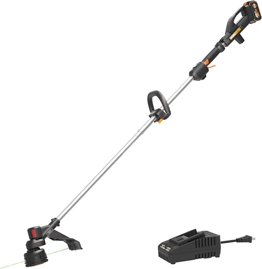 WORX Cordless String Trimmer, 20V 13''-15'' Weed Wracker with Brushless Motor 2.0, 21 cc Gas Equivalent, Quick-Line Reloading, Includes 20V 5.0 Ah PowerShare Pro Battery and Charger, PowerShare