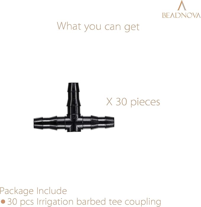 BEADNOVA Drip Irrigation Connectors 30 Pcs 1/4 Inch Barbed Connector Tee Couplings Irrigation for 1/4 Inch Drip Tubing Water Tubing Gardening Supplies (30pcs)