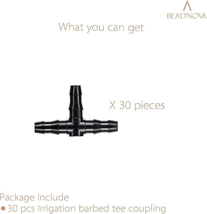 BEADNOVA Drip Irrigation Connectors 30 Pcs 1/4 Inch Barbed Connector Tee Couplings Irrigation for 1/4 Inch Drip Tubing Water Tubing Gardening Supplies (30pcs)