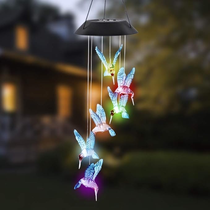 MorTime LED Solar Hummingbird Wind Chime, 25" Outdoor Hanging Wind Chime for Patio Lawn Garden Decorations, Automatic Light Changing Color (Blue Hummingbird)