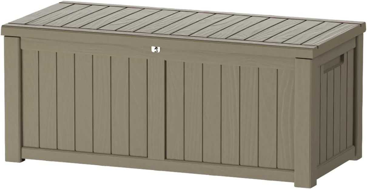 TARKARI 150 Gallon Lockable Resin Deck Box, Waterproof & UV-Resistant Outdoor Storage Box for Outdoor Cushion Storage, Garden Tools & Pool Accessories Storage, Gray