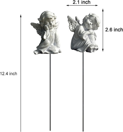 OwMell Set of 2 Decorative Angel Garden Stakes, Small Angel Fairy Garden Angel Ornaments, Cherub Angel Memorial Statue Flower Pot Decorations - Angels