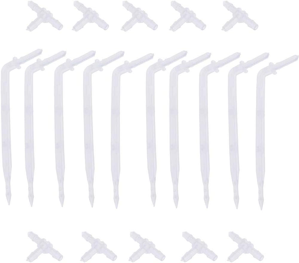 10 Sets White Drip Emitters with 3-Way Connector Curved Arrow Dripper Potted Plants Bend Sprinklers Garden Automatic Irrigation System for 4/7mm Hose Patio Watering Cooling Irrigation Kit