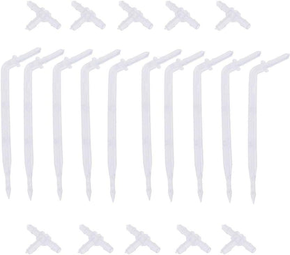 10 Sets White Drip Emitters with 3-Way Connector Curved Arrow Dripper Potted Plants Bend Sprinklers Garden Automatic Irrigation System for 4/7mm Hose Patio Watering Cooling Irrigation Kit