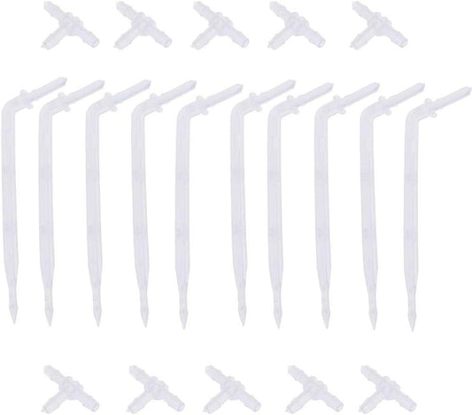 10 Sets White Drip Emitters with 3-Way Connector Curved Arrow Dripper Potted Plants Bend Sprinklers Garden Automatic Irrigation System for 4/7mm Hose Patio Watering Cooling Irrigation Kit
